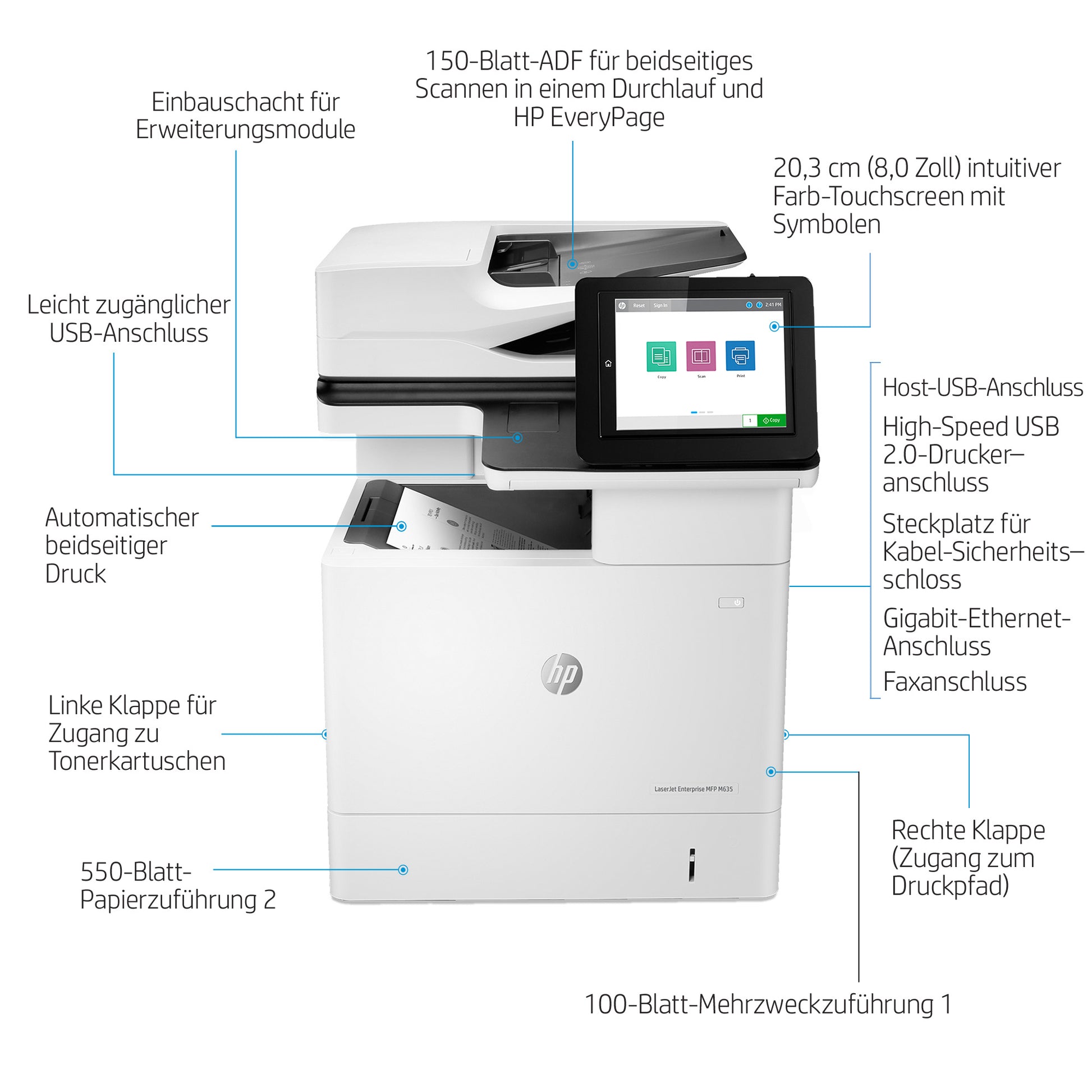 HP Enterprise M635H – S/W Laser-MFP – Duplex, ADF, 150-Blatt ADF
