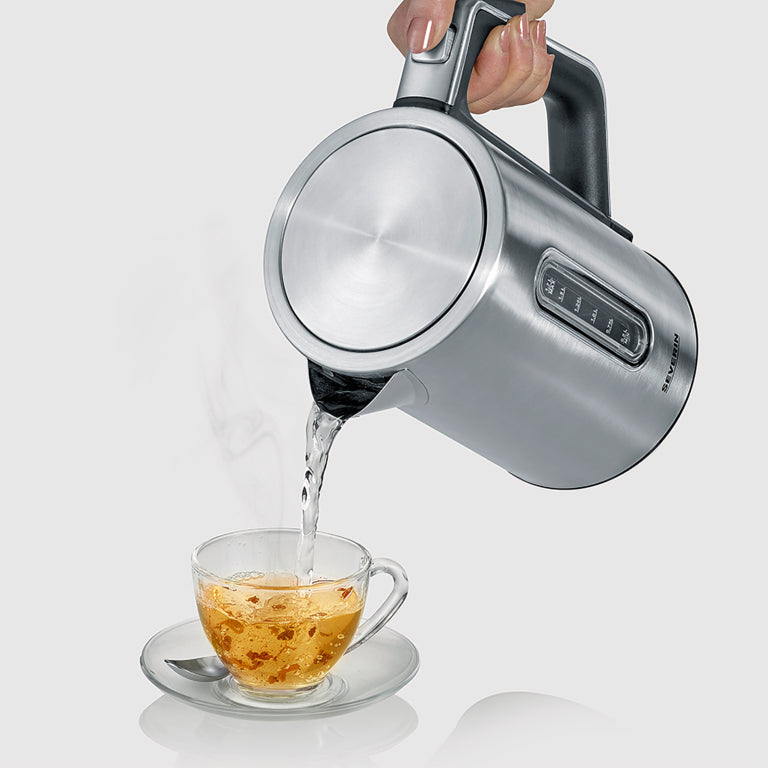 Severin Wasserkocher WK 3418 – 1,7 l, Edelstahl, Temperaturwahl, Warmhaltefunktion, 3000 W, Schwarz, 360°-Sockel