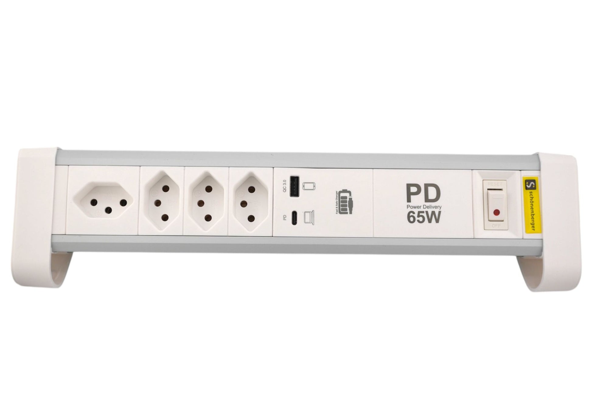 M. Schönenberger Schönenberger Tischsteckdosenleiste, 4×T13, 3×USB (65 W), 2 m, Aluminiumgehäuse, mit Schalter – Silber/Weiss