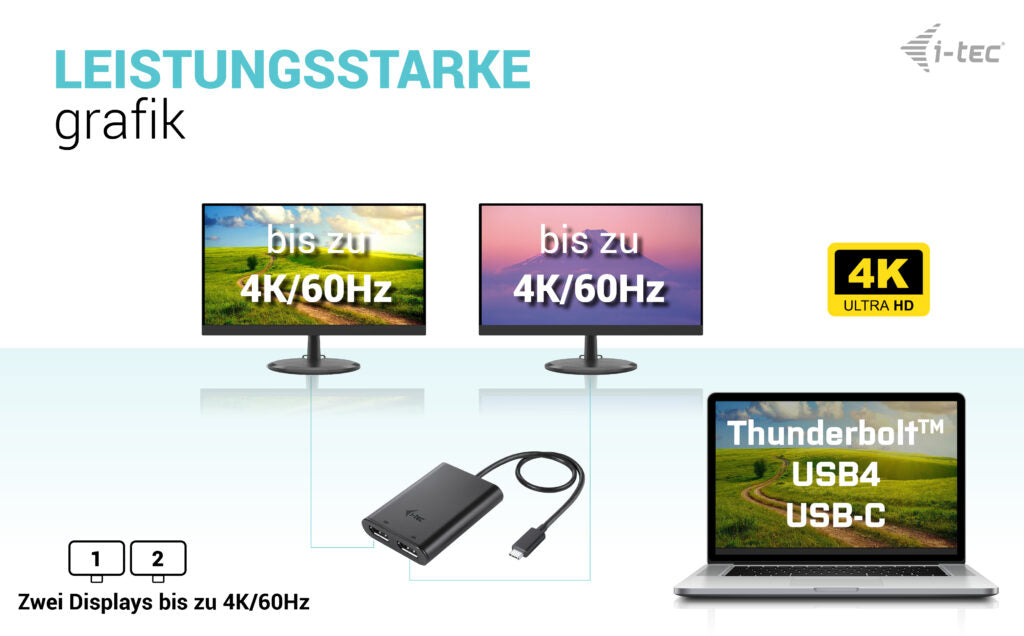 i-tec USB-C zu 2× DisplayPort Adapter – 2× 4K (3840 × 2160) @ 60 Hz / 8K (7680 × 4320) @ 30 Hz, 0,3 m, Schwarz