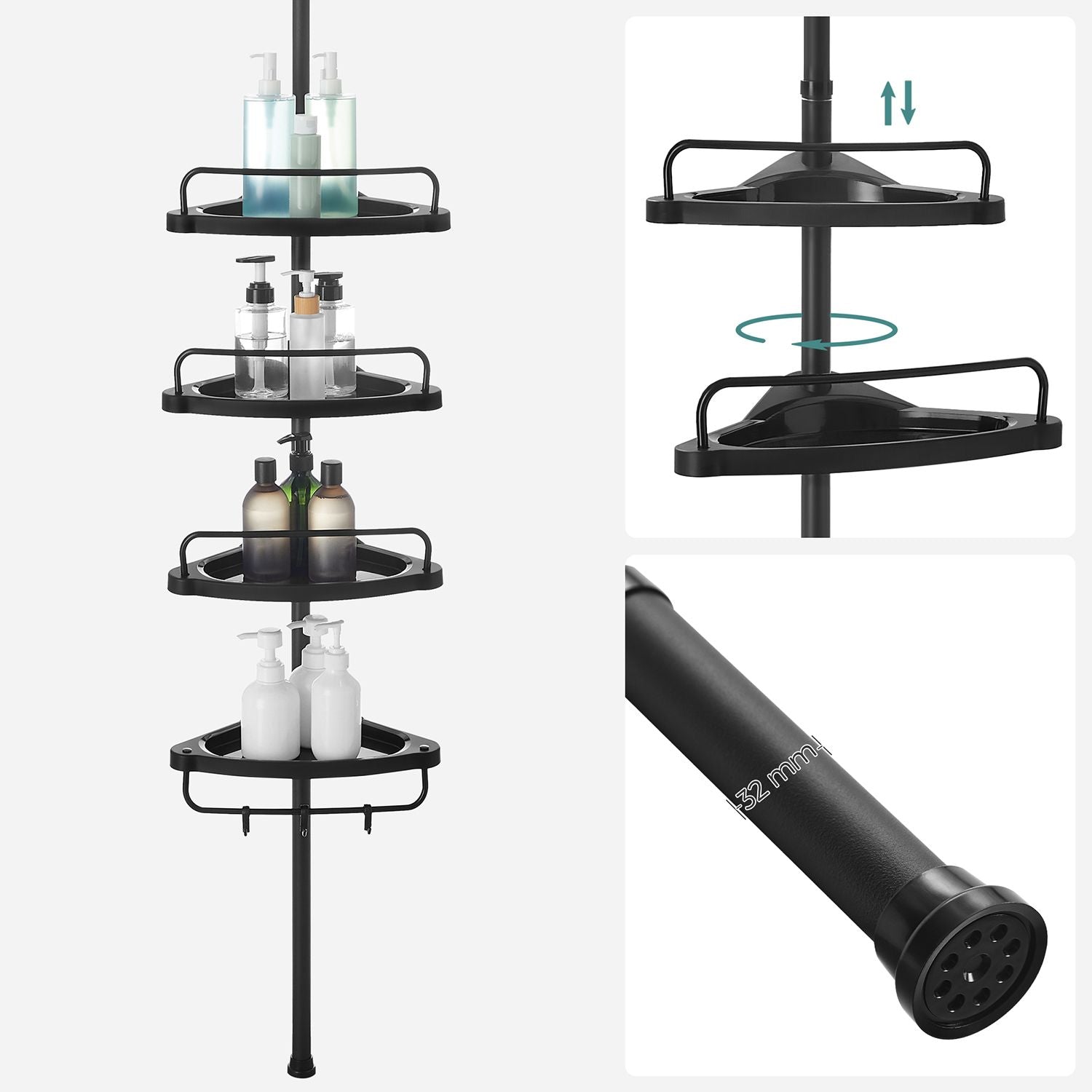 Songmics Duschregal – 85–305 cm, 4 Ablagen, Stahl/Kunststoff, 2 kg pro Ablage, Klemmen, Schwarz