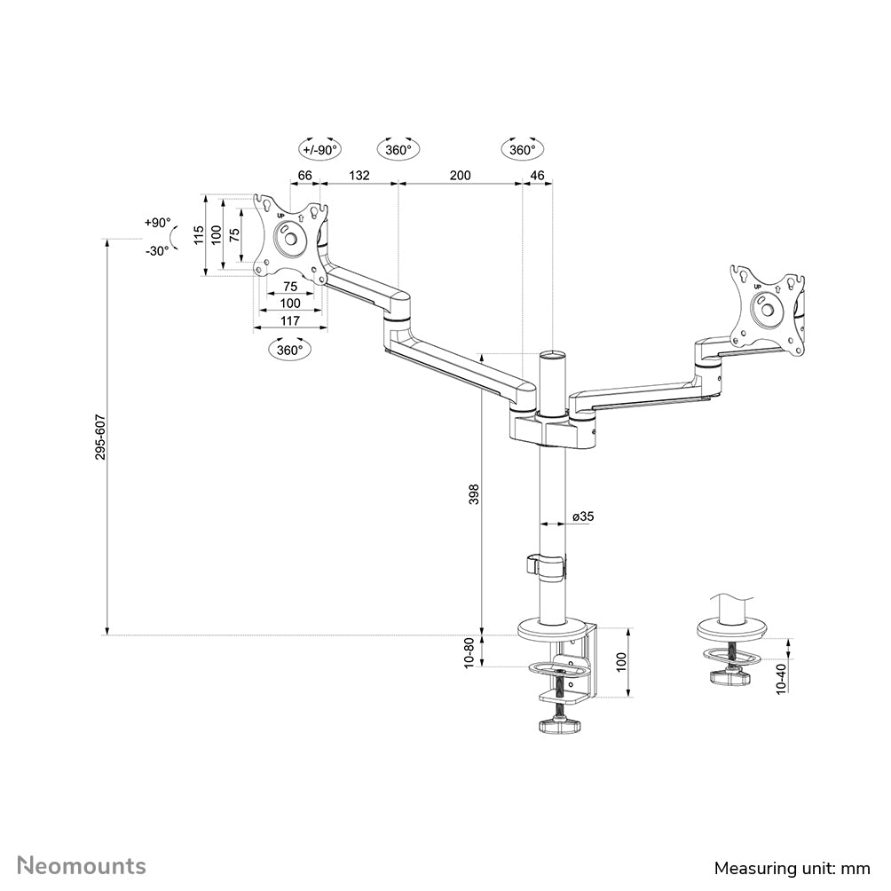 Neomounts DS60 425BL2 – Monitorarm, bis 27", Neigen/Schwenken, Drehen, Schwarz