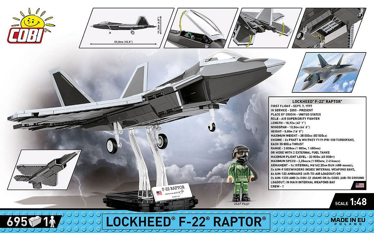 COBI Lockheed F-22 Raptor Bausteine – Militär – 695-teilig – 28 × 11,5 × 39,5 cm – ab 9 J. – Grau
