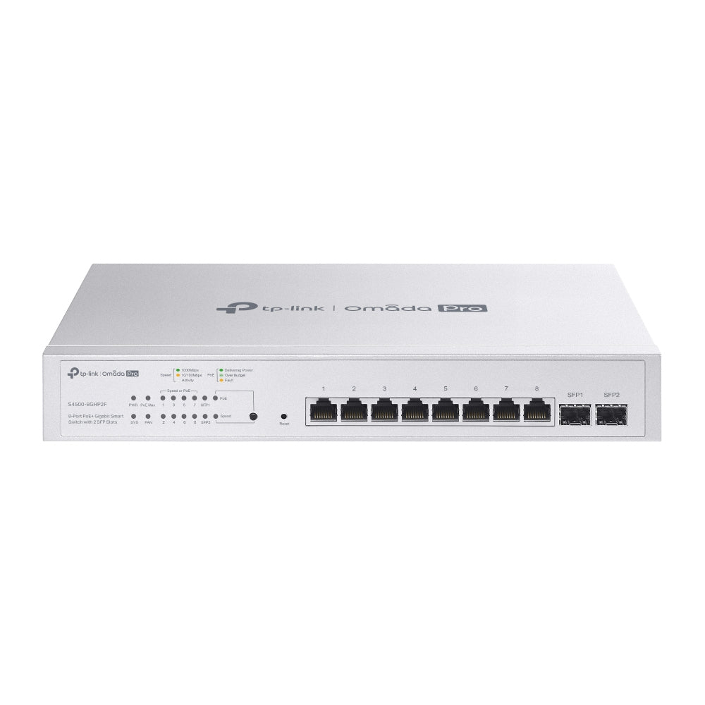 TP-Link S4500-8GHP2F – Verwalteter L2/L3 Switch – 8× 1G, 2× SFP, PoE+, PoE-Budget 150 W, 19"
