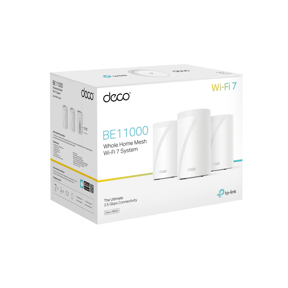 TP-Link Deco BE65 Mesh-Set (3er) – Wi-Fi 7 (802.11be), Tri-Band (2,4/5/6 GHz), bis 9,214 Gbit/s, je 4× LAN