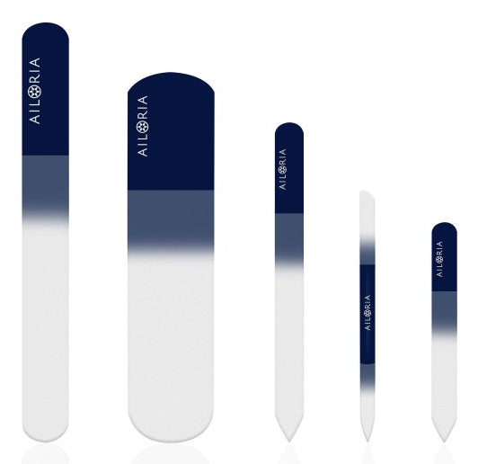 Ailoria Nagelfeilenset CONTOUR LUXE – 5 Stk – blau – Glas, Kunststoffetui