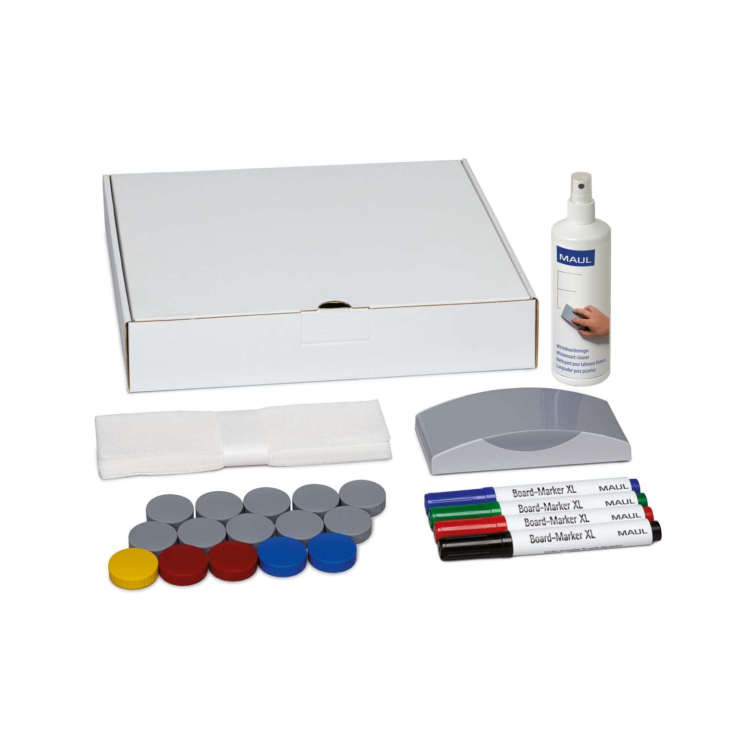 MAUL Zubehör-Set – Tafelreinigungsflüssigkeit 125 ml, Tafelwischer, Tafelmagnet