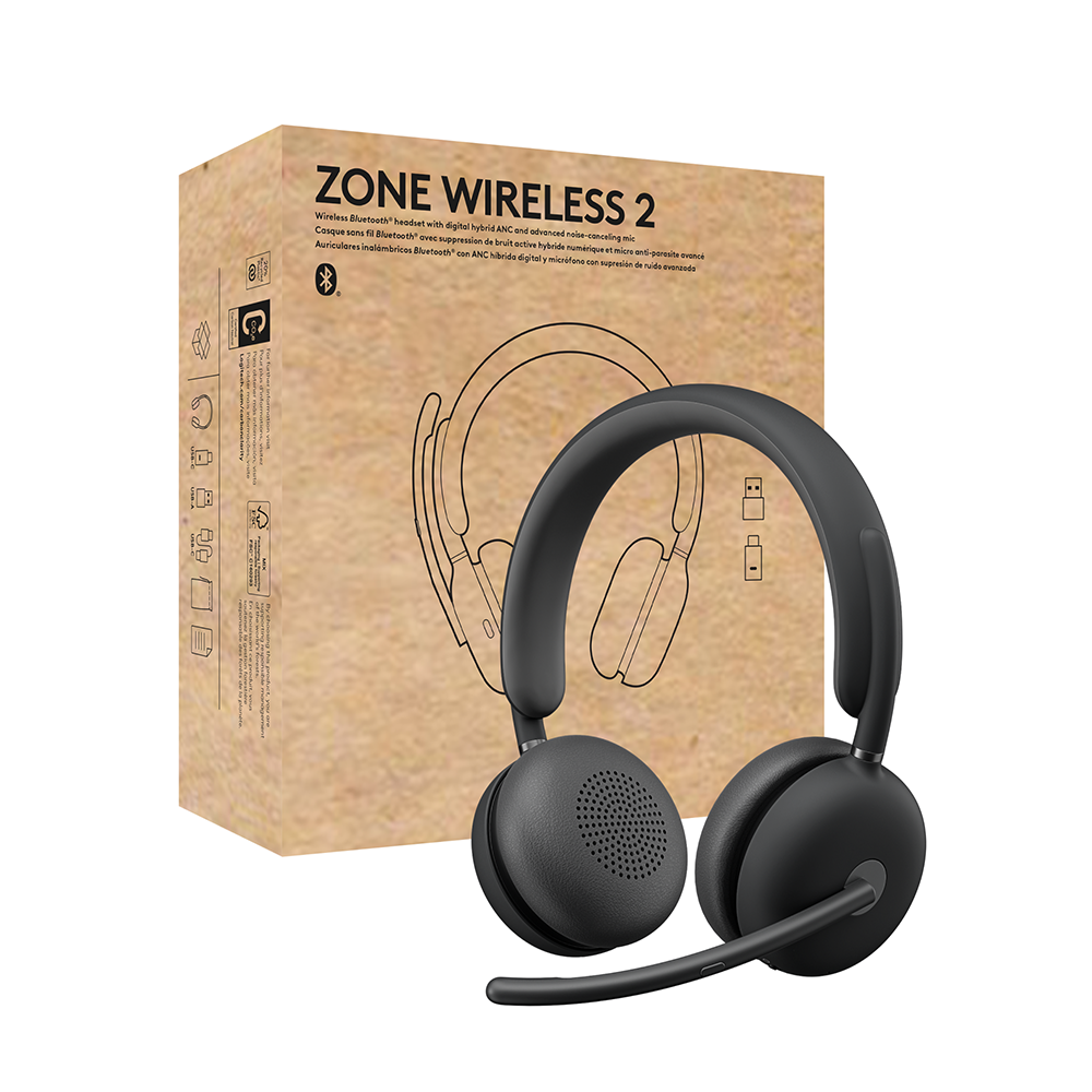 Logitech Zone Wireless 2 Office-Headset – On-Ear, Kabel + BT, ANC, MS Teams zertifiziert, mit USB-C-Dongle, Graphit