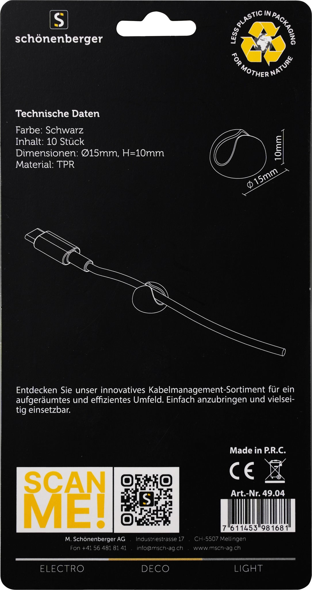 M. Schönenberger Kabelhalter, 15×15×10 mm, 10 Stk. – schwarz