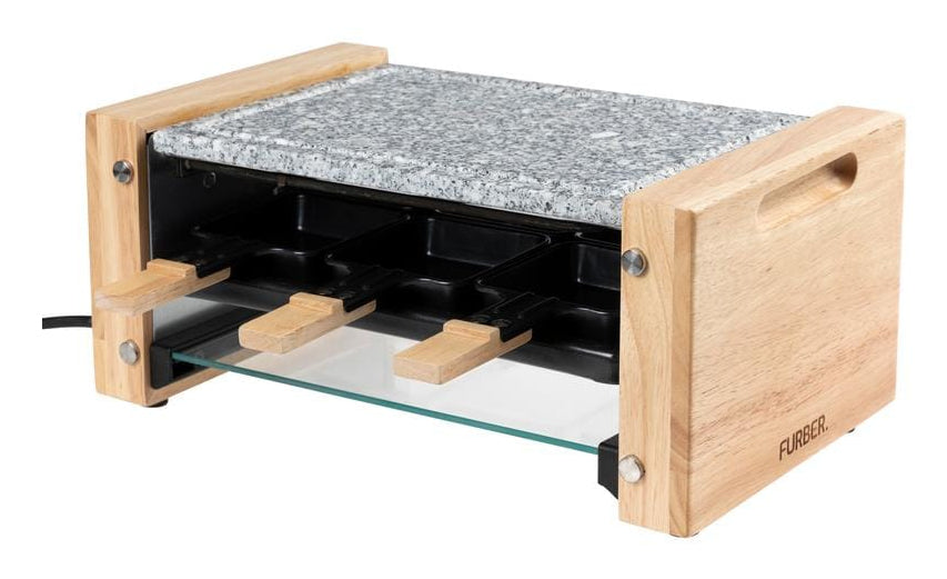 Furber. Furber Raclette-Grill Festa – 6 Personen, Stein-Grillplatte, 900 W – Schwarz/Marmor/Holz