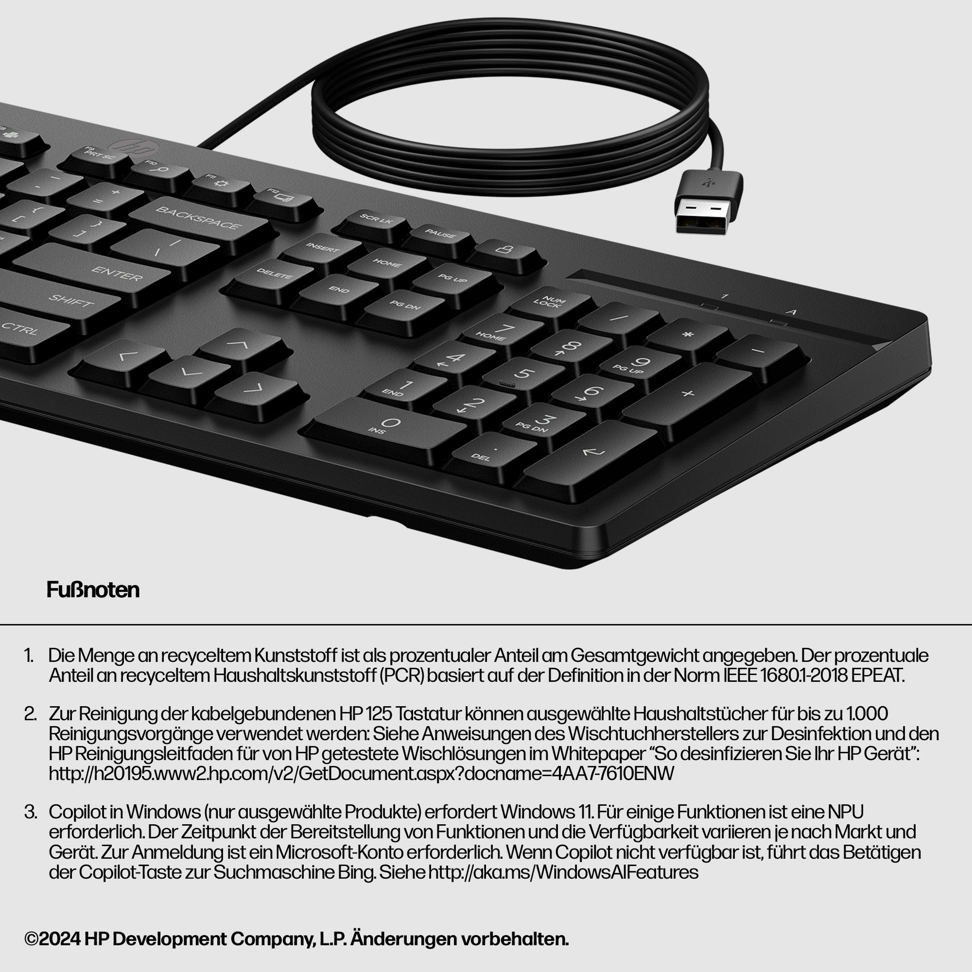 HP 125 – Tastatur, kabelgebunden (USB-A), CH-Layout (DE-CH), Fullsize (mit Ziffernblock), Membran, Schwarz