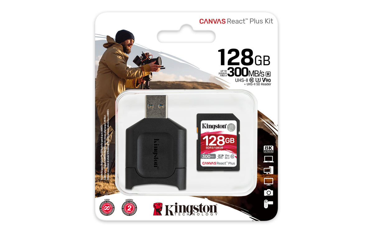 Kingston Technology Kingston Canvas React Plus SDXC 128 GB – UHS-II, Klasse 10, U3, V90, 300/260 MB/s, Schwarz
