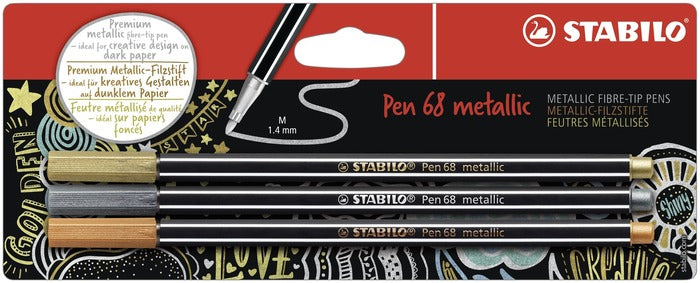 STABILO Pen 68 Metallic Filzstift – Rundspitze, 1,4 mm, 3 Farben, für dunkles Papier