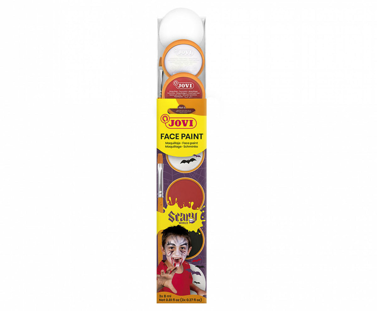 Jovi Gesichtsschminke-Set Scary – 3 × 8 ml – Weiss, Schwarz, Rot – Creme, inkl. Pinsel & Schwamm