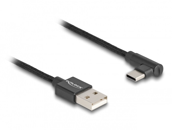 DeLOCK USB-A auf USB-C Kabel – USB 2.0 (480 Mbit/s) – 2 m – Textilmantel, Abgewinkelt – Schwarz