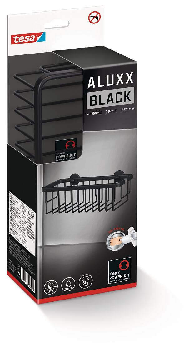TESA Seifenhalter (Wand) ALUXX BLACK – Aluminium, Klebestreifen, 25×12,5×9,2 cm, Schwarz