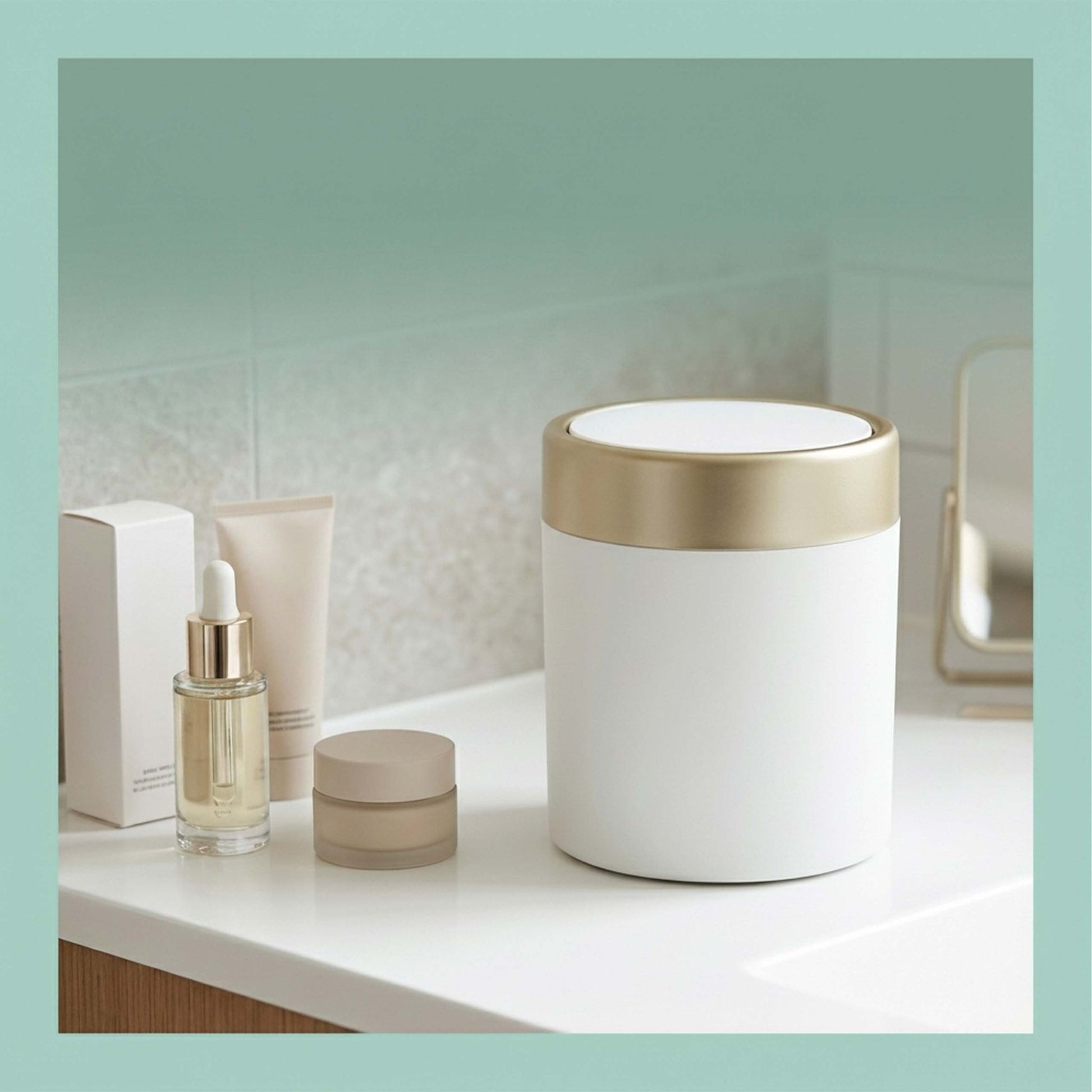 Relaxdays Tischabfalleimer Mini – 1,5 l – Edelstahl, rund – Weiss/Gold – Anti-Fingerprint