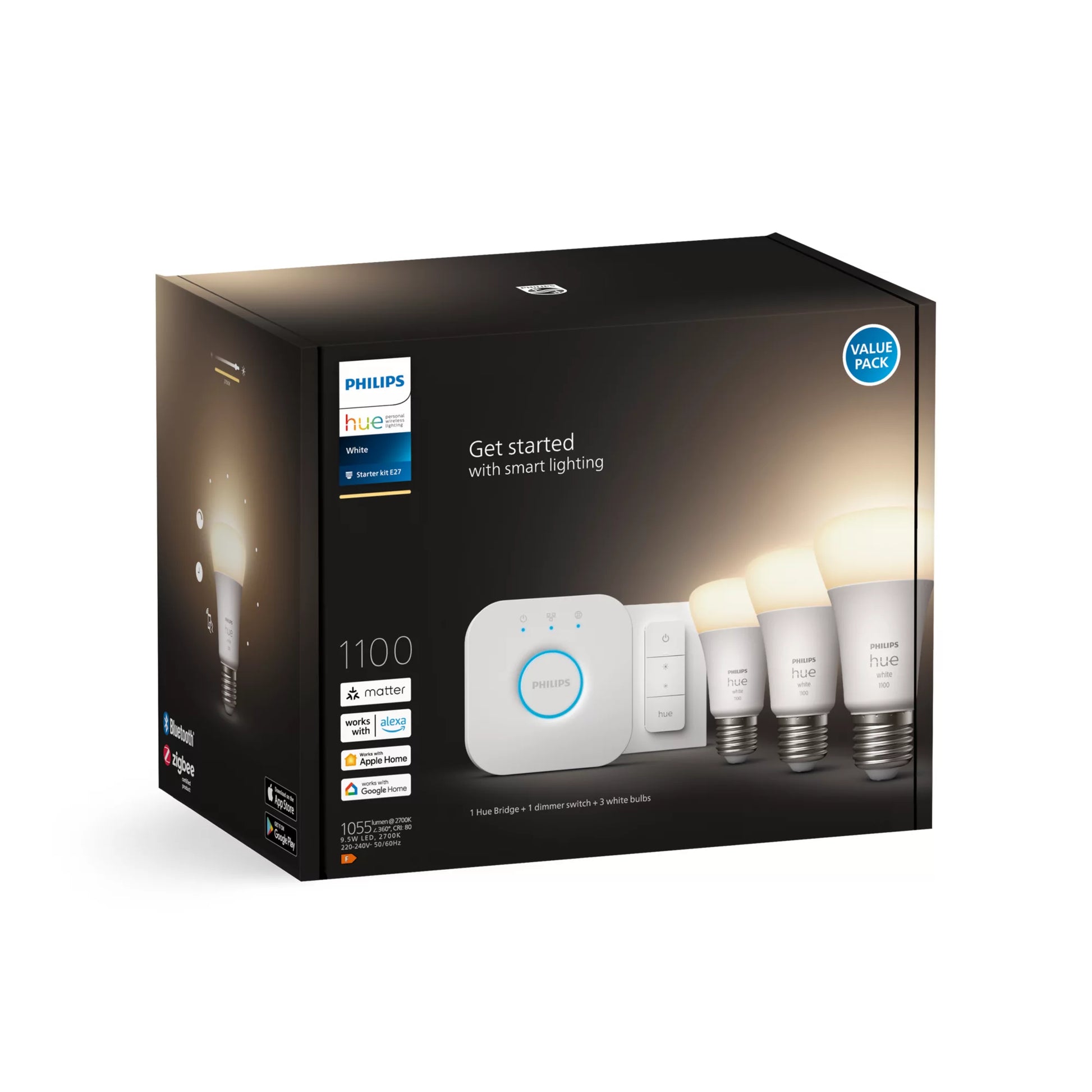 Philips by Signify Philips Hue Smart-Leuchtmittel E27 Weiss – 1055 lm, 2700 K, App-Steuerung, dimmbar – 3er-Pack