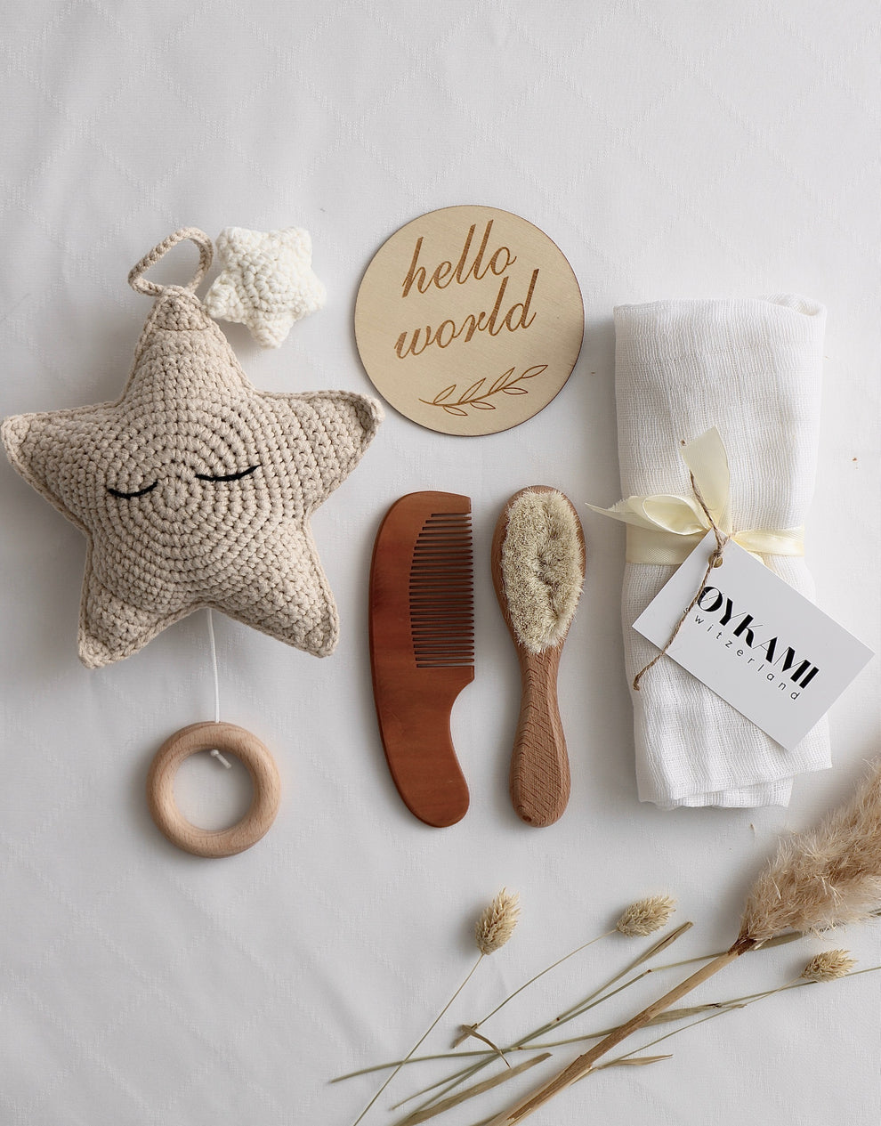 OYKAMI Geschenkbox – Baumwolle, Holz, Weiss, Beige