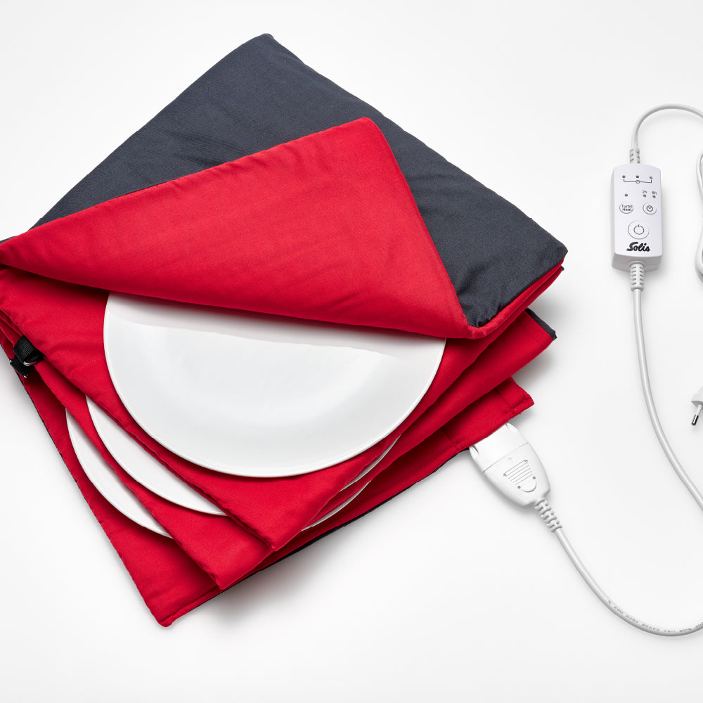 Solis Tellerwärmer Typ 8651 – 10 Teller, Ø 32 cm, Textil, waschbar – Schwarz/Rot