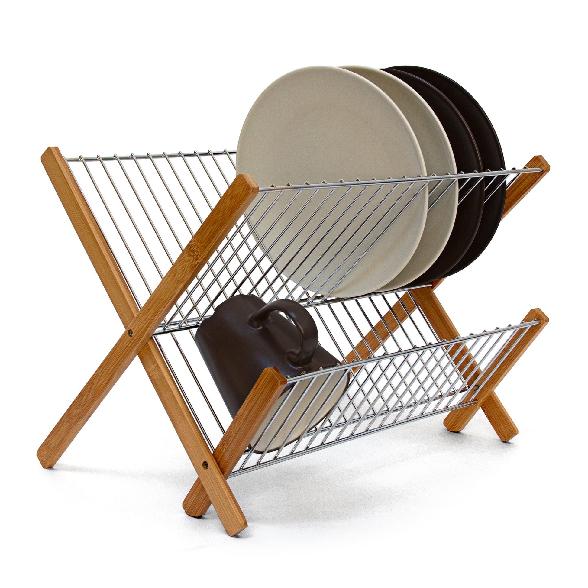 Relaxdays Abtropfgestell 39 × 29 × 27 cm, Bambus/Metall, Braun/Silber