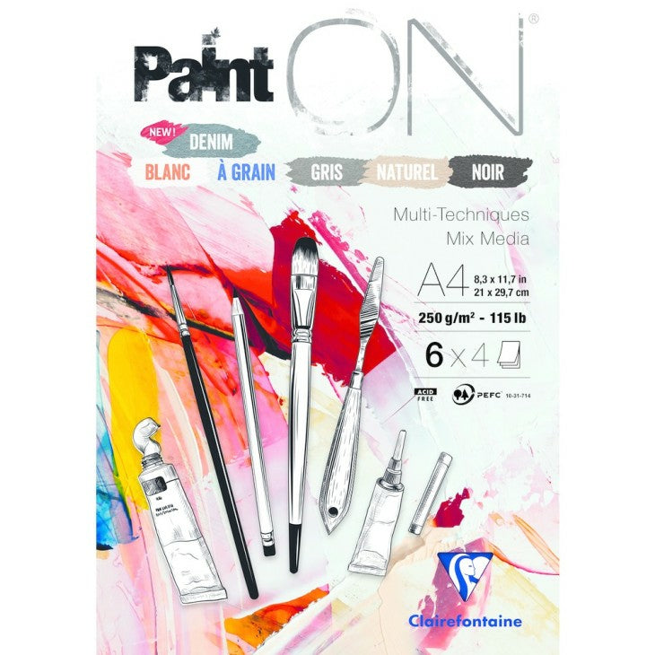 Clairefontaine PaintON Mixed Media Block – A4 – 250 g/m² – 24 Blatt, Mehrfarbig, für Acryl, Marker & Graphit