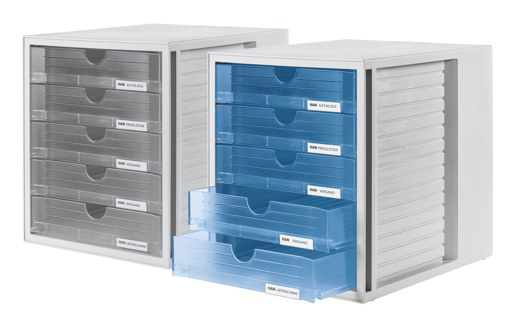 Han Systembox Schubladenelement – 5 Schubladen, für A4, stapelbar, mit Beschriftungsfenster, grau