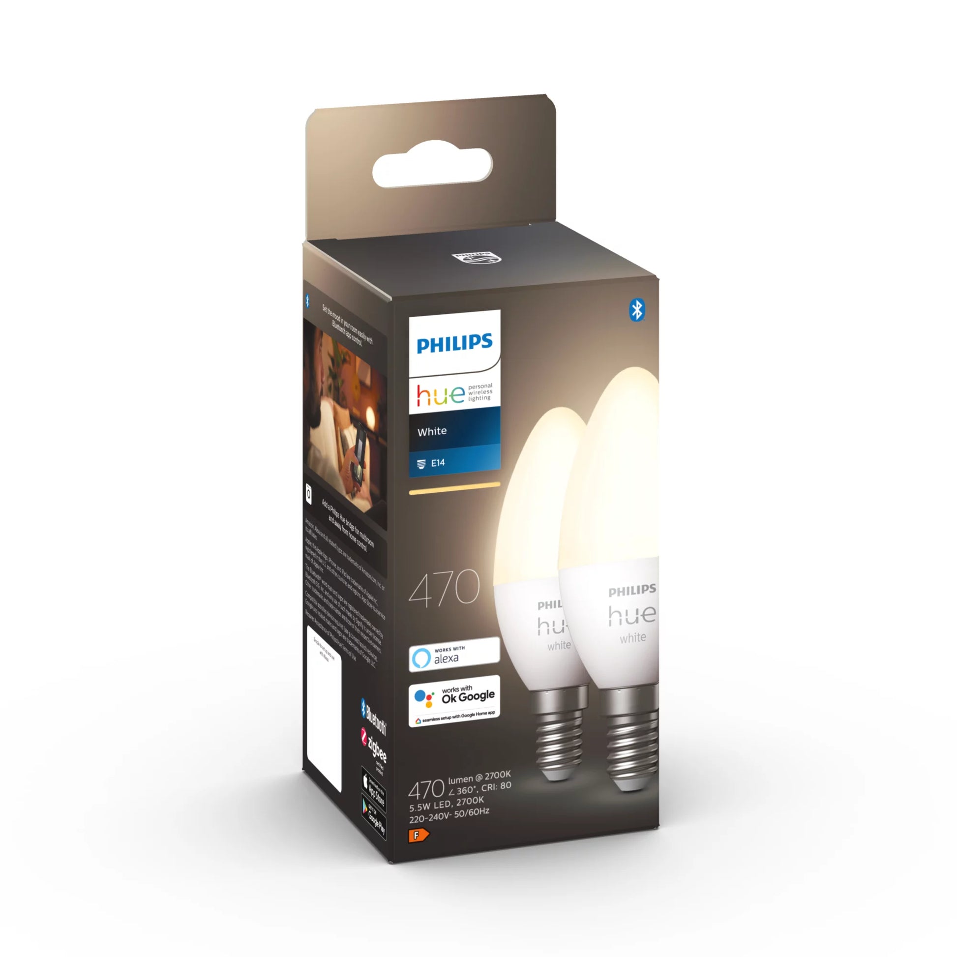 Philips by Signify Philips Hue Smart-Leuchtmittel E14 – Warmweiss 2700 K, 470 lm, 5,5 W, Bluetooth – für Philips Hue – 2 Stk.