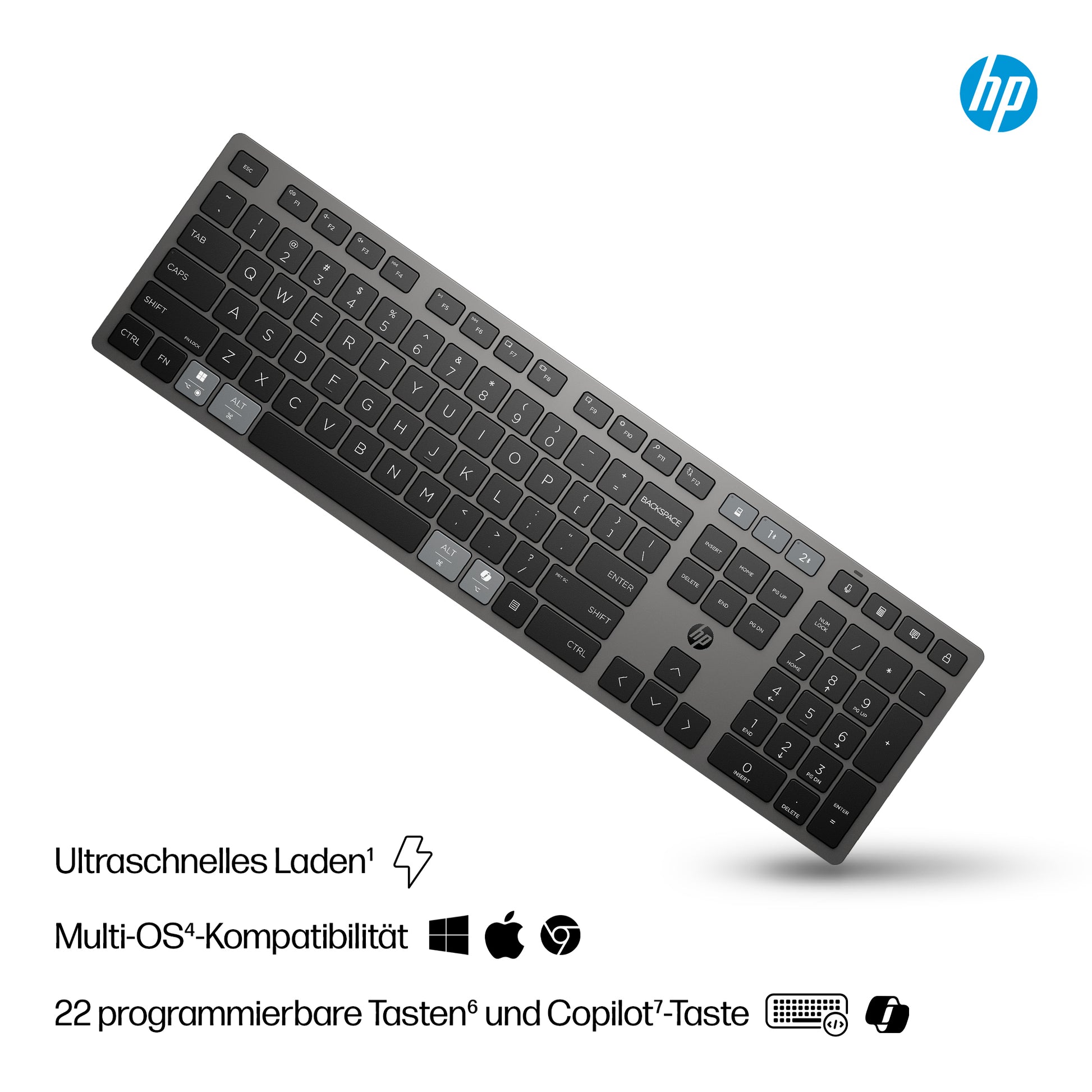 HP 725 – Tastatur – Bluetooth & 2,4 GHz (USB-A Empfänger) – Grau