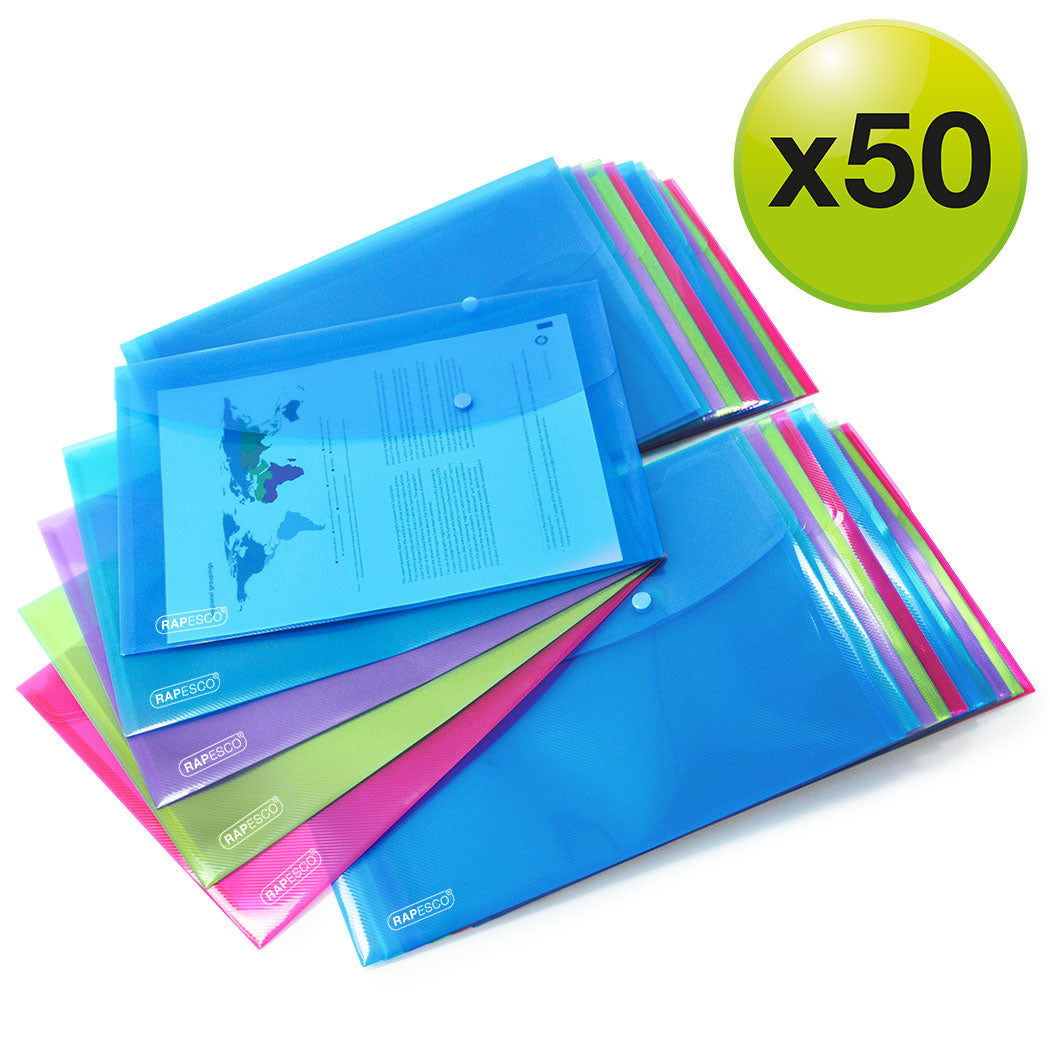 Rapesco Dokumentenmappe A4+ – Druckknopf, Polypropylen (PP), mehrfarbig, 50 Stk.