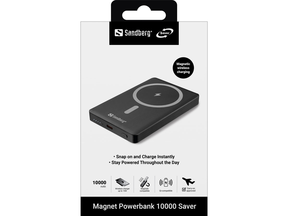 Sandberg MagSafe Powerbank 10'000 mAh – MagSafe 15 W, 1× USB-C, schwarz, für Smartphone