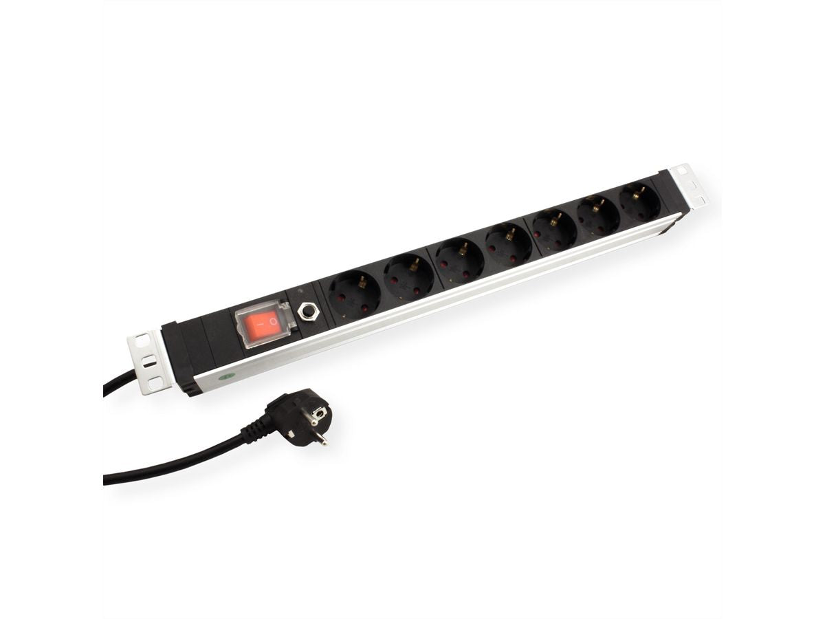 VALUE 19" Steckdosenleiste, 7× Schuko (Typ F), mit Schalter, 1U, 3 m, Stecker CEE 7/7