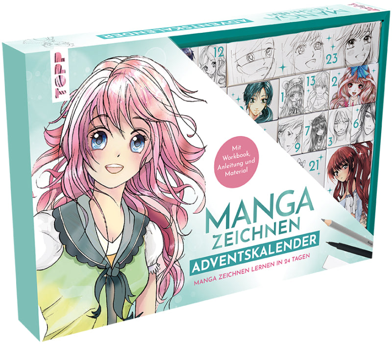 TOPP Verlag Manga – Adventskalender – 38,5 × 26,5 cm – mit Anleitungsbuch, Workbook und Zeichenmaterial
