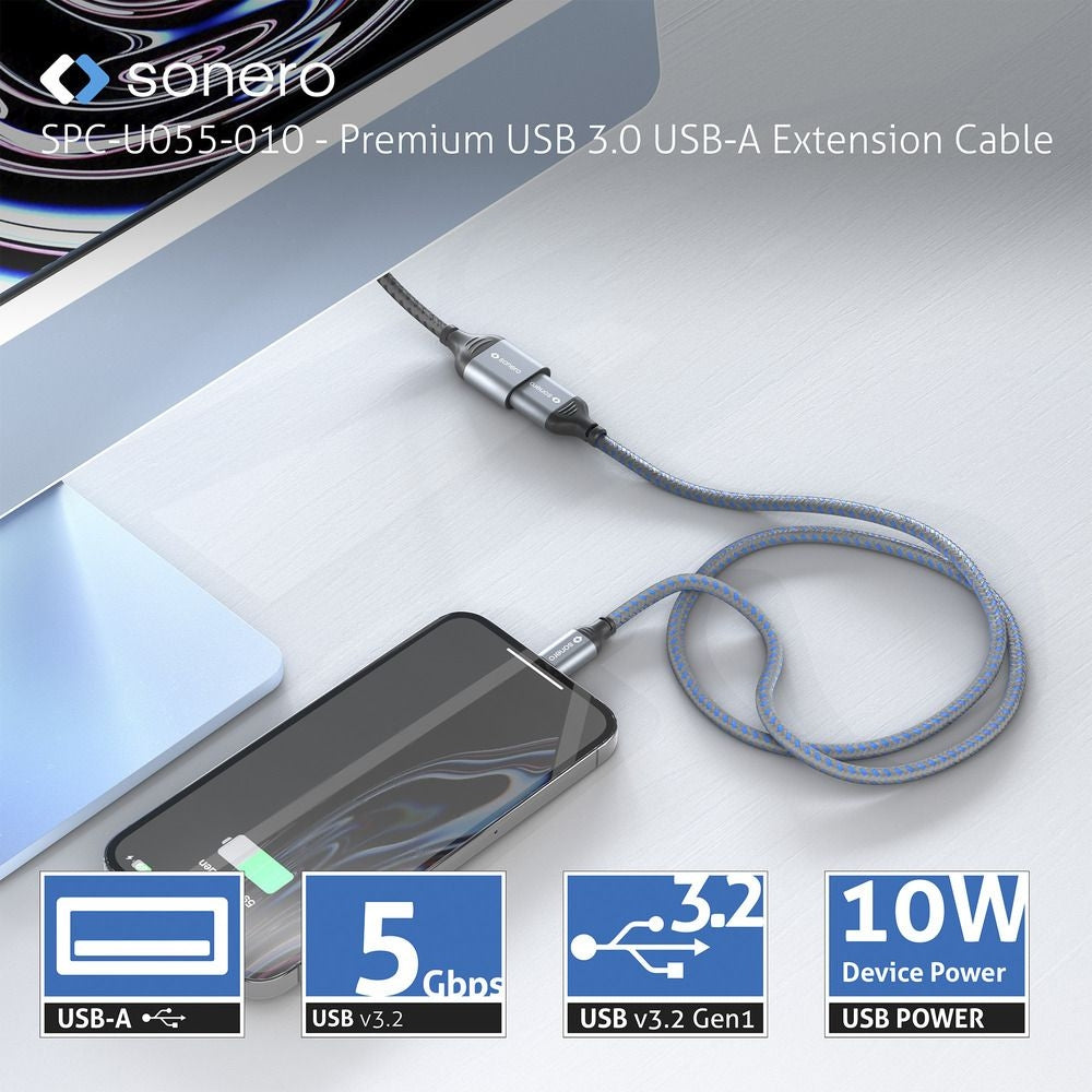 Sonero – USB-A Verlängerungskabel (Stecker auf Buchse) – USB 3.2 Gen 1 (5 Gbit/s) – 3 m – Schwarz/Grau