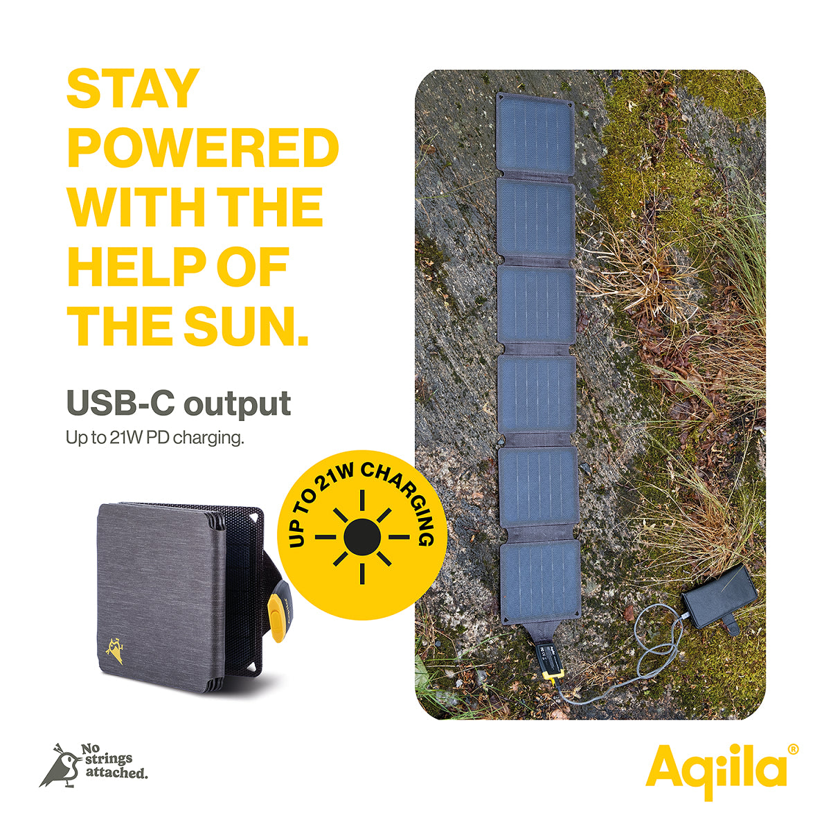 Aqiila Sunbird P21 Solarpanel-Ladegerät 20 W – USB-C×1, IP67, faltbar – für Camping – schwarz/gelb