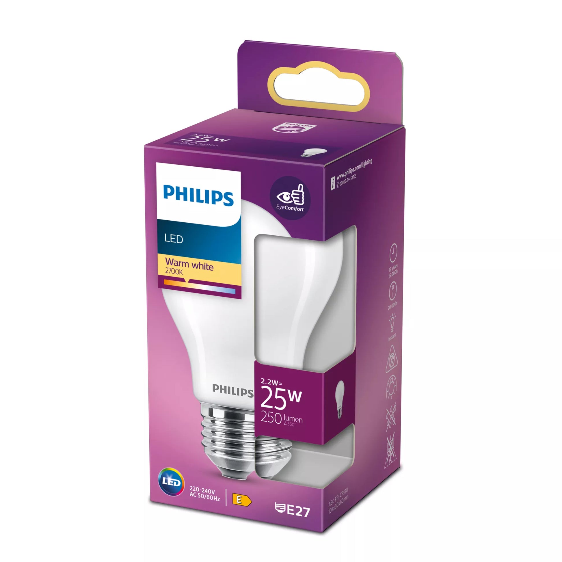 Philips by Signify Philips Leuchtmittel E27 A60 – 250 lm, 2,2 W, Warmweiss 2700 K – IP20 – 1 Stk. – Matt, Glas