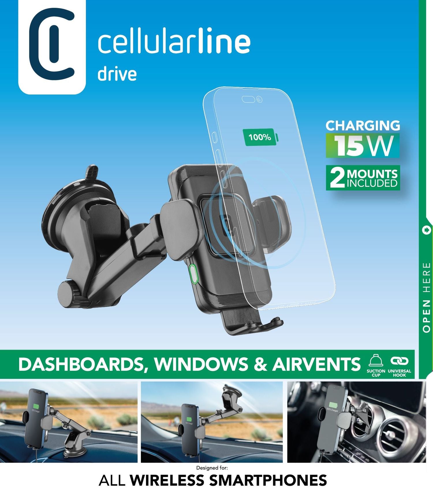 Cellularline Hug Dual Pro Kfz-Ladehalterung – Qi – Saugnapf – 15 W – für Smartphones – Schwarz