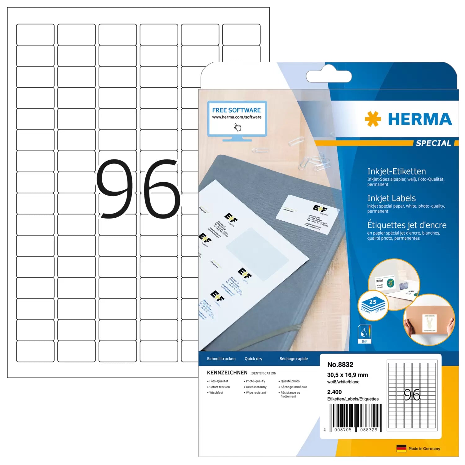 HERMA Bogenetiketten, 31 mm × 17 mm, weiss, Papier, permanent, 2400 Etiketten (25 Blatt)