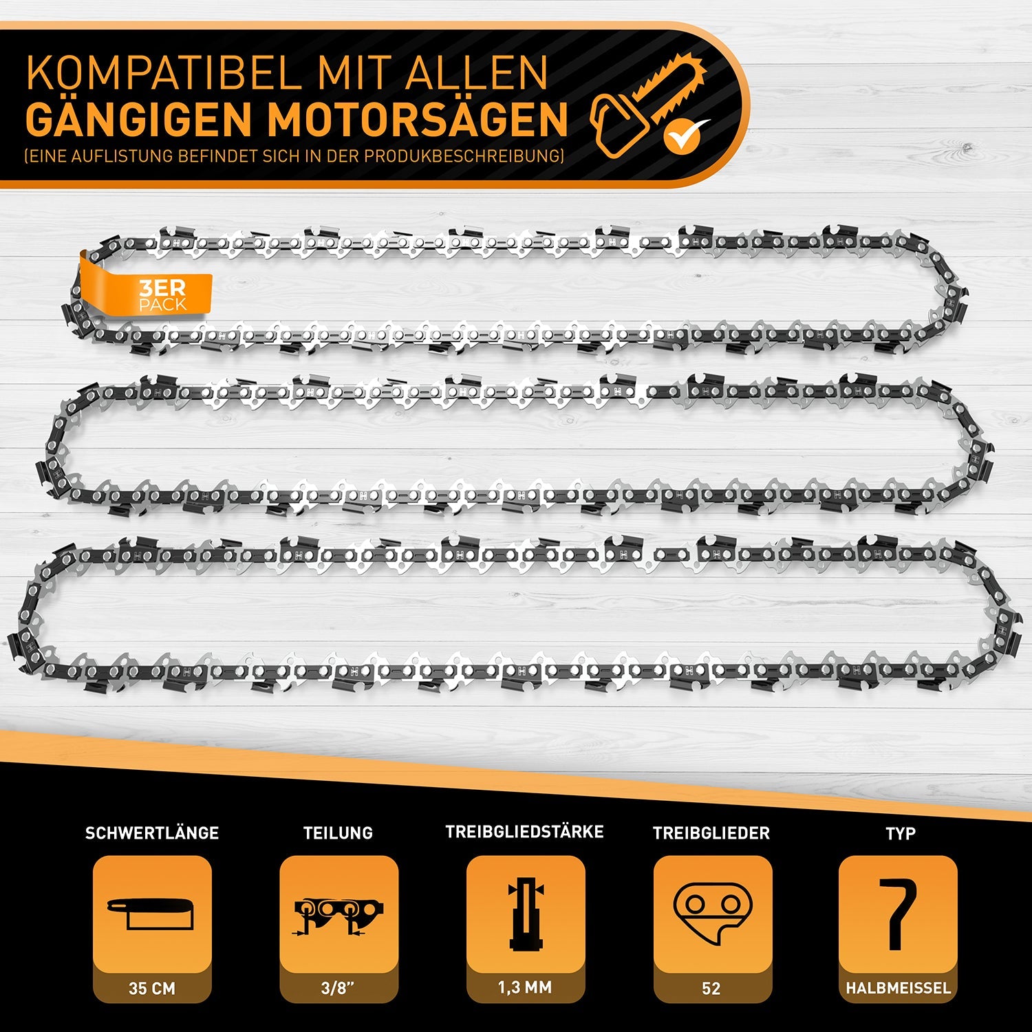 Hardtwerk Sägekette 1,1 mm 3/8" 350 mm Stahl – 3 Stk – Halbmeissel
