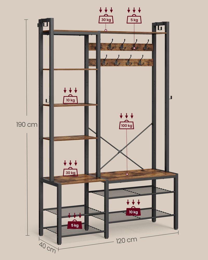 Vasagle Garderobe mit Schuhregal – 9 Haken, mit Ablage, Stahl/Spanplatte, Schwarz/Braun, 120 × 40 × 190 cm