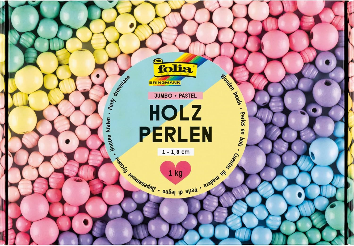 Folia Perlenmischung, Holz – mehrfarbig – 10–18 mm – 2000 Stk. – Pastell Jumbobox