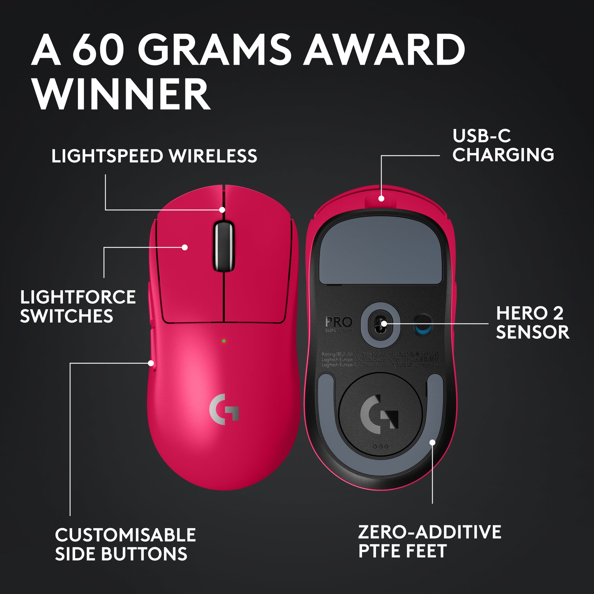 Logitech G G PRO X SUPERLIGHT 2 – Gaming-Maus – Kabellos (2,4 GHz), 32000 DPI, Rechts, Magenta