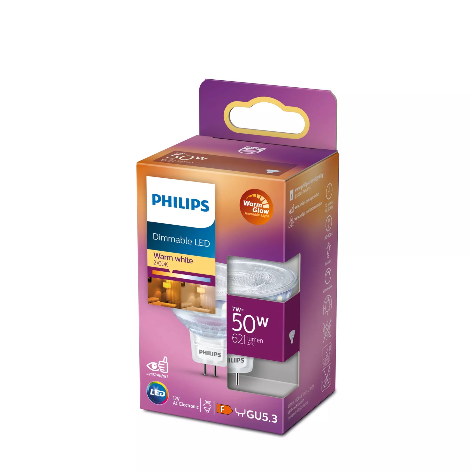 Philips by Signify Philips LED-Reflektor MR16 GU5.3 – 621 lm, 7 W, Warmweiss 2200–2700 K, 36°, dimmbar – 1 Stk., Glas