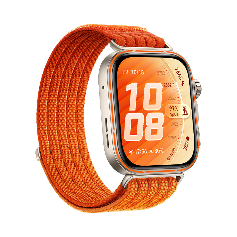 Huawei Watch Fit 5 Pro 44 mm GPS – Aluminium Gold, Sportband Orange, 50 m, für iPhone