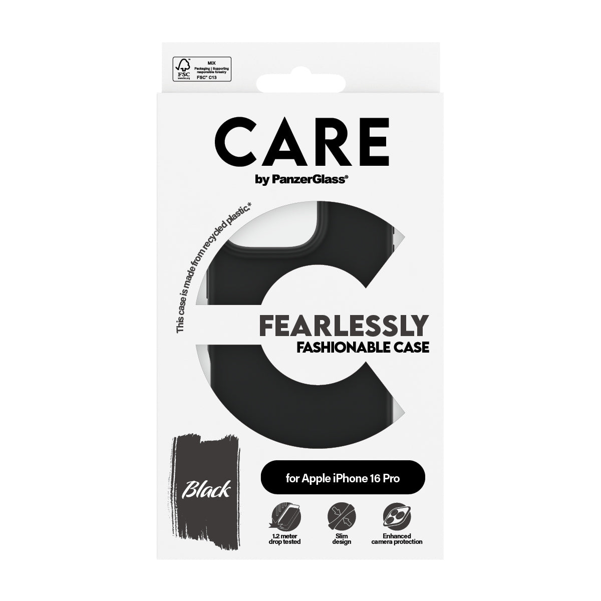 PanzerGlass CARE Backcover – für Apple iPhone 16 Pro, TPU+Silikon, Schwarz, bis 1,2 m sturzsicher
