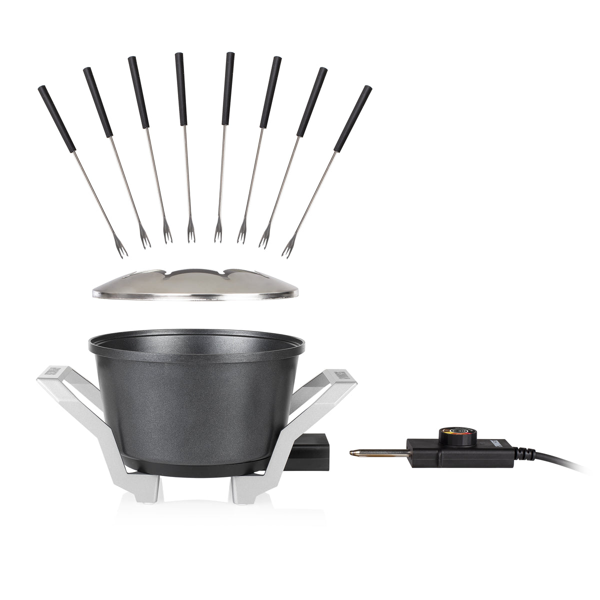 Princess Fondue Premium 173100 – Aluminiumguss, 1,5 l, 8 Gabeln, elektrisch – schwarz/Edelstahl