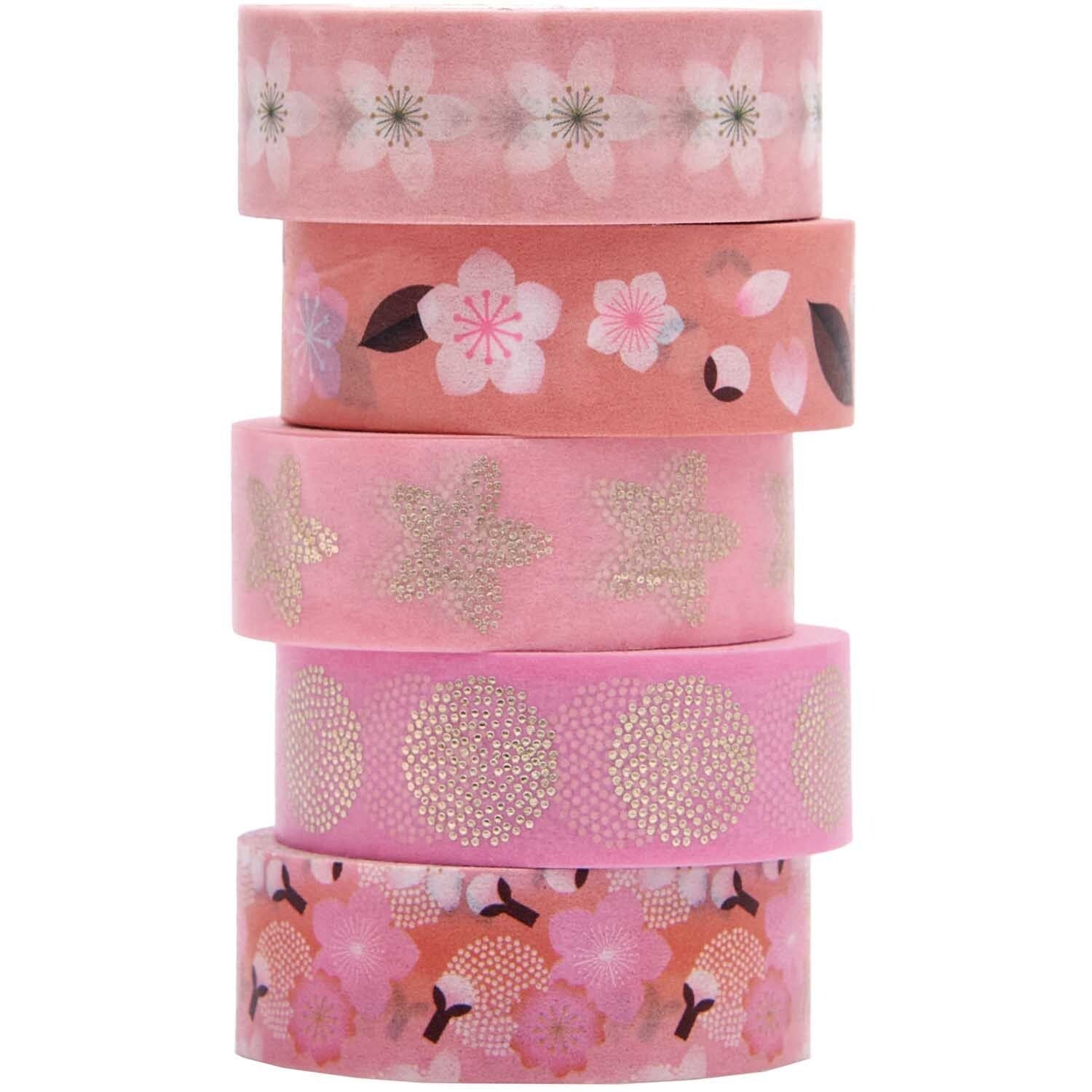 Rico Design Washi-Tape-Set – 15 mm × 10 m, rosa, gemustert, Papier – 5 Rollen