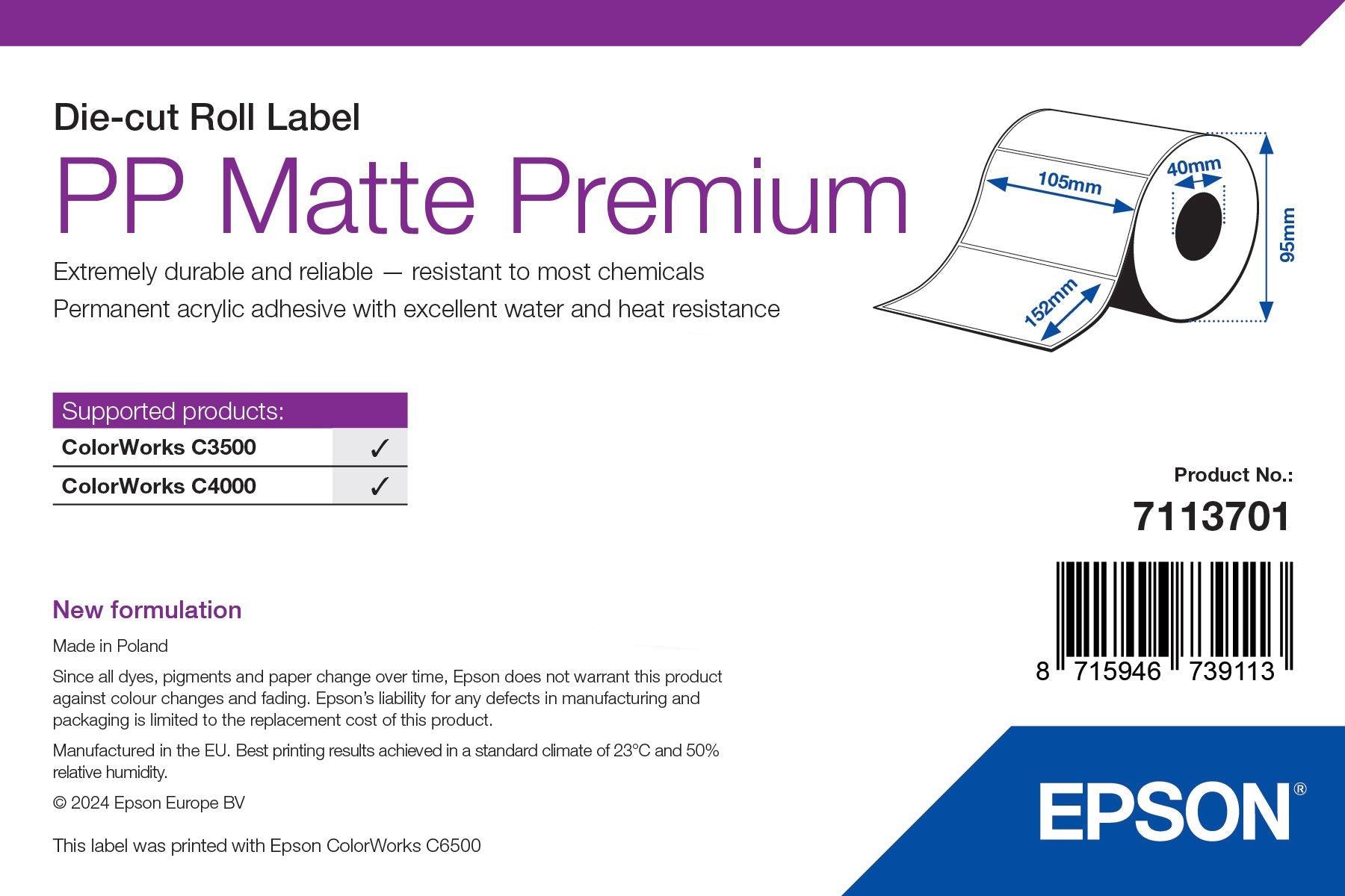 Epson Rollenetiketten, 105 mm × 152 mm, Polypropylen (matt), 185 Etiketten