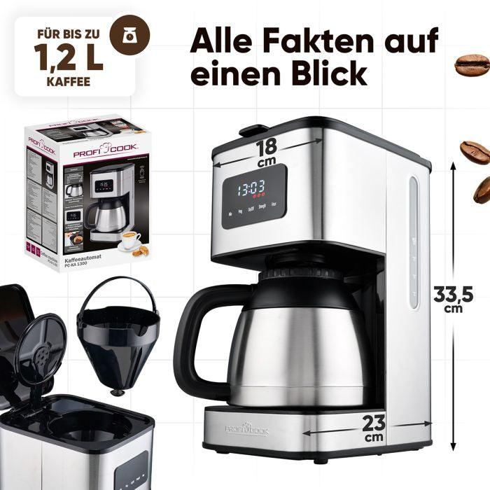 ProfiCook PC-KA 1300 Filterkaffeemaschine – 10 Tassen, 1,2 l, Karaffe, Edelstahl