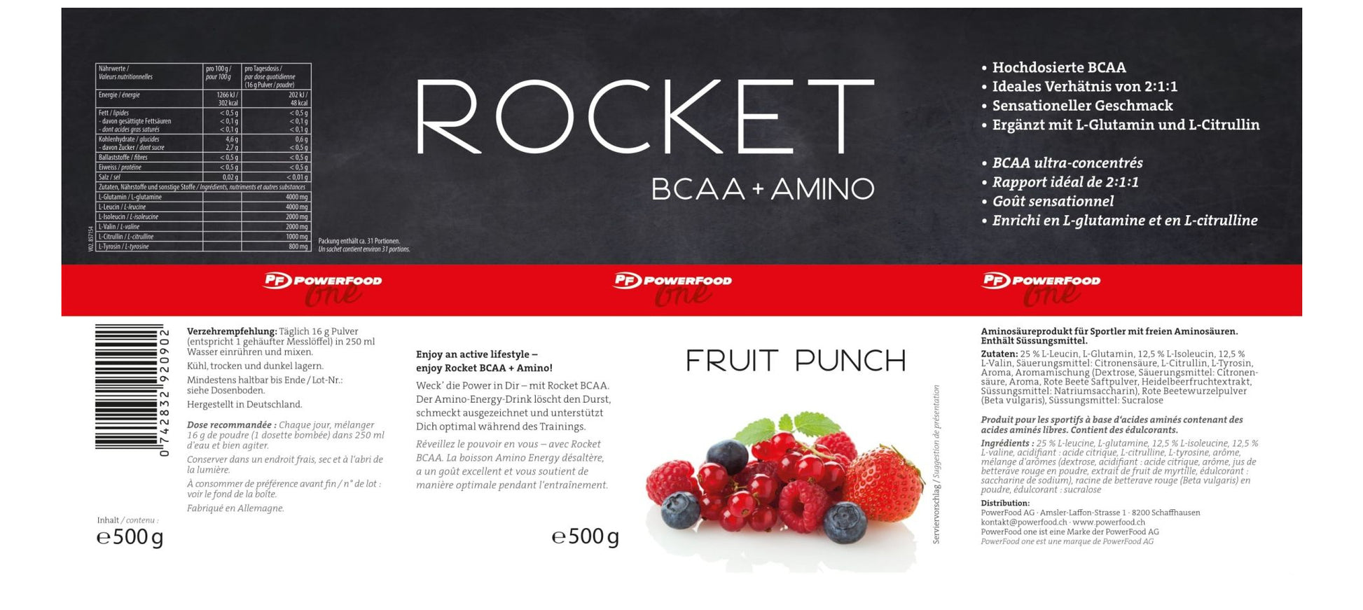 PowerFood Aminosäure-Pulver Fruchtpunsch – laktosefrei – 500 g